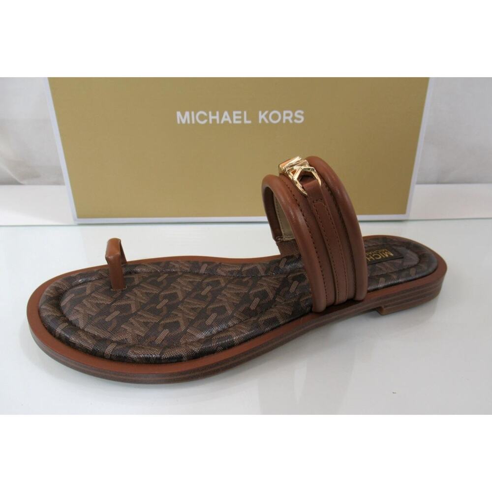 Michael Kors Veronica Flat Thong Sandals Double Strap MK Logo Brown Size 7.5 - Picture 2 of 8